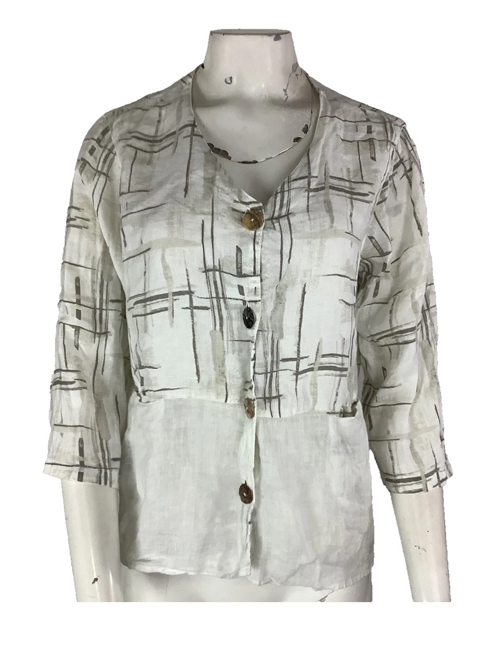 Click Sz L 100% Linen Lightweight Buttoned Travel Beach Tunic Top Cream Tan